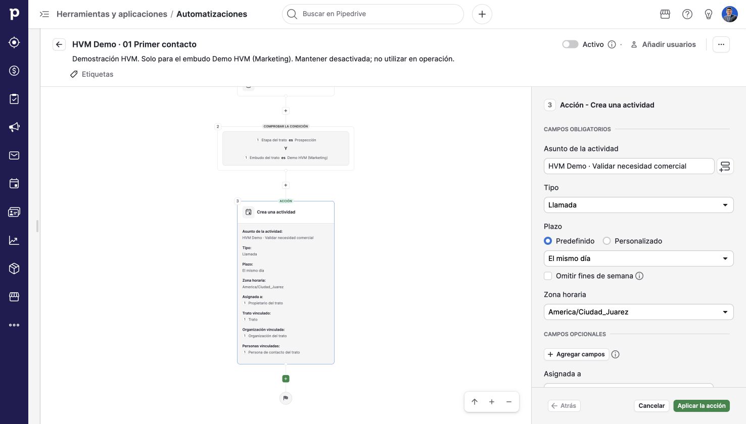 Actividad con responsable y plazo. Pipedrive en una cuenta de demostración.